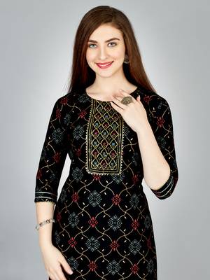 Women embroidered rayon black kurta pant set 3