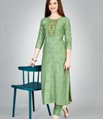 Women embroidered rayon pista green kurta pant set