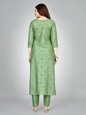 Women embroidered rayon pista green kurta pant set 3