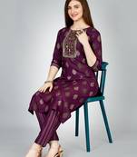 Women embroidered rayon purple kurta pant set