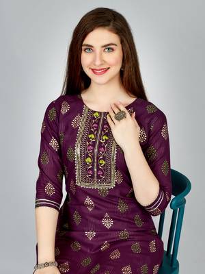 Women embroidered rayon purple kurta pant set 3