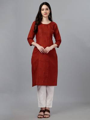 Women embroidered cotton blend straight kurti 1