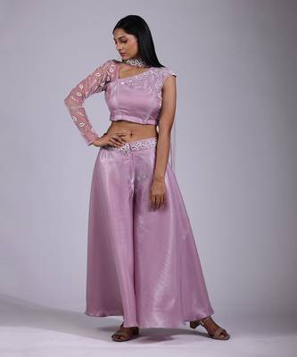 Lilac asymmetical neck pant set 1