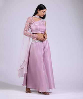 Lilac asymmetical neck pant set 2