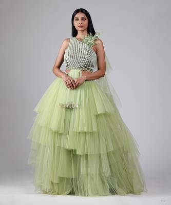 Green Layered Tulle Lehenga set 1