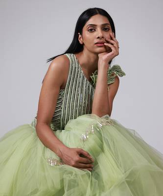 Green Layered Tulle Lehenga set 2