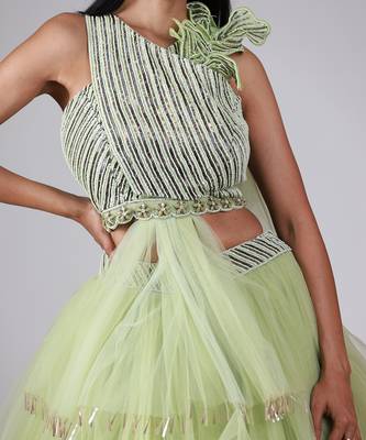 Green Layered Tulle Lehenga set 3