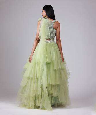 Green Layered Tulle Lehenga set 4