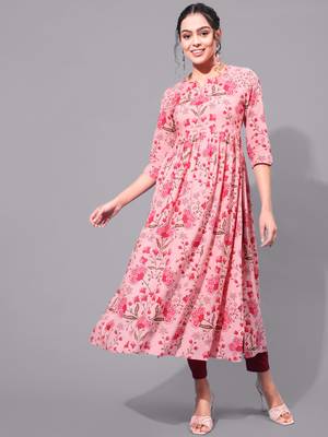 Gulmohar jaipur rayon calf printed semi-flared  3/4 sleeve round  kurta 1