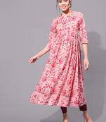 Gulmohar jaipur rayon calf printed semi-flared  3/4 sleeve round  kurta