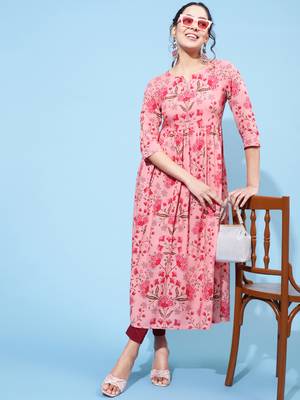 Gulmohar jaipur rayon calf printed semi-flared  3/4 sleeve round  kurta 2