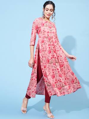 Gulmohar jaipur rayon calf printed semi-flared  3/4 sleeve round  kurta 3
