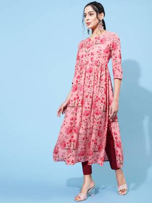 Gulmohar jaipur rayon calf printed semi-flared  3/4 sleeve round  kurta 4