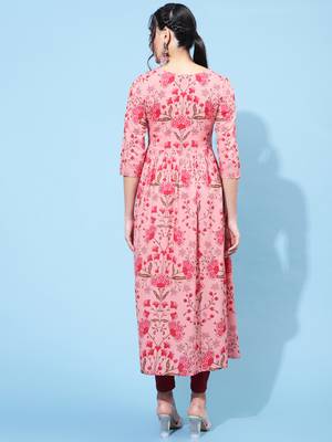Gulmohar jaipur rayon calf printed semi-flared  3/4 sleeve round  kurta 5
