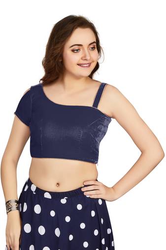 Women's Navy Blue Velvet Solid Readymade Blouse