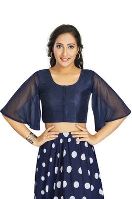Women's Navy Blue Art Silk Umbrella Sleeves Readymade Blouse 1