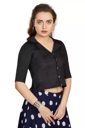 Women's Black Art Silk Button Readymade Blouse