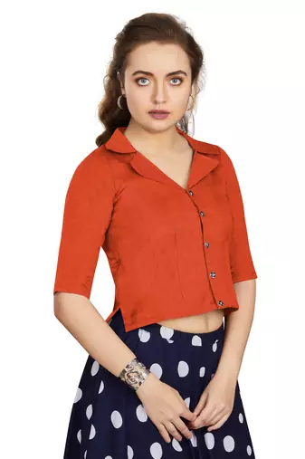 Women's Orange Art Silk Button Readymade Blouse