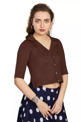 Women's Coffee Art Silk Button Readymade Blouse