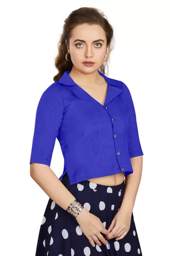 Women's Blue Art Silk Button Readymade Blouse