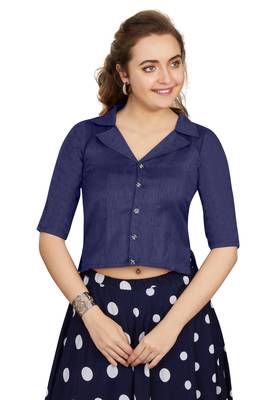 Women's Navy Blue Art Silk Button Readymade Blouse 1