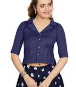 Women's Navy Blue Art Silk Button Readymade Blouse