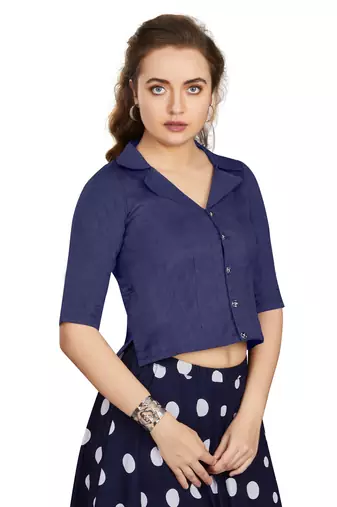 Women's Navy Blue Art Silk Button Readymade Blouse