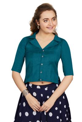 Women's Teal Art Silk Button Readymade Blouse 1