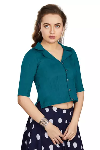 Women's Teal Art Silk Button Readymade Blouse