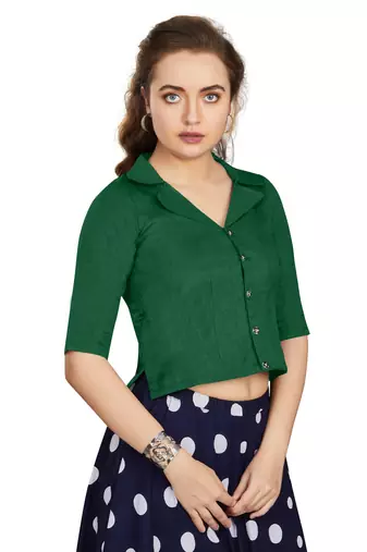 Women's Bottle Green Art Silk Button Readymade Blouse