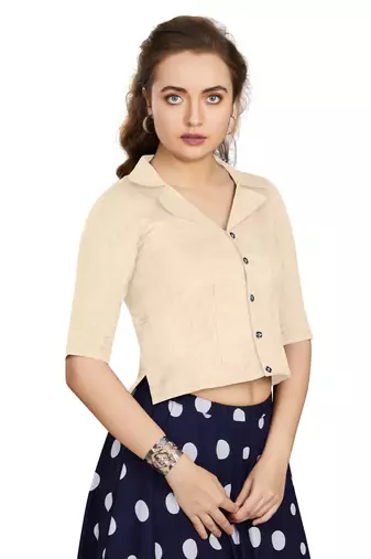 Women's Off White Art Silk Button Readymade Blouse