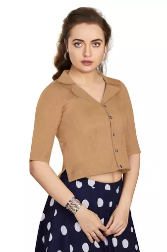 Women's Beige Art Silk Button Readymade Blouse