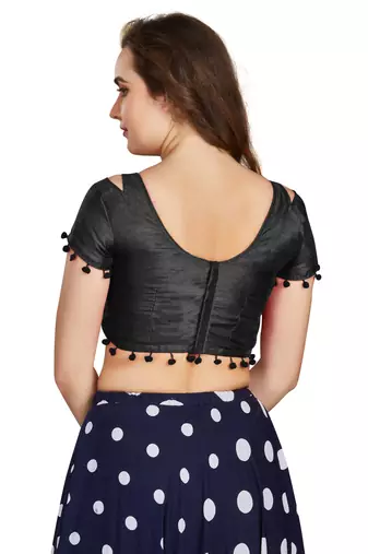 Black Art Silk Pom Pom Lace Readymade Blouse