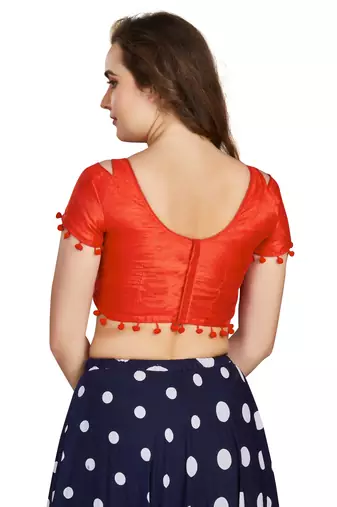 Orange Art Silk Pom Pom Lace Readymade Blouse