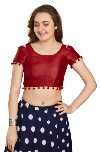 Maroon Art Silk Pom Pom Lace Readymade Blouse