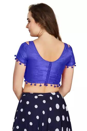 Blue Art Silk Pom Pom Lace Readymade Blouse