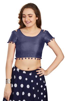 Navy Blue Art Silk Pom Pom Lace Readymade Blouse 1