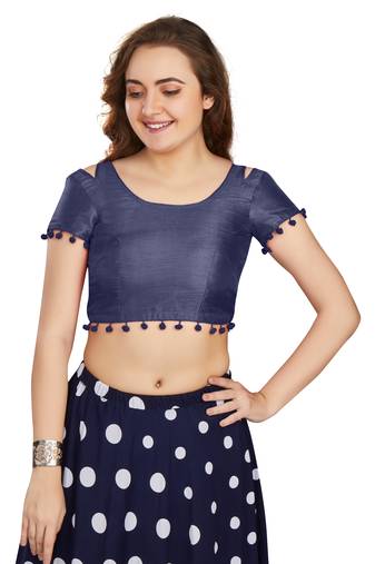 Navy Blue Art Silk Pom Pom Lace Readymade Blouse