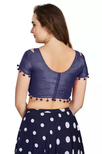 Navy Blue Art Silk Pom Pom Lace Readymade Blouse