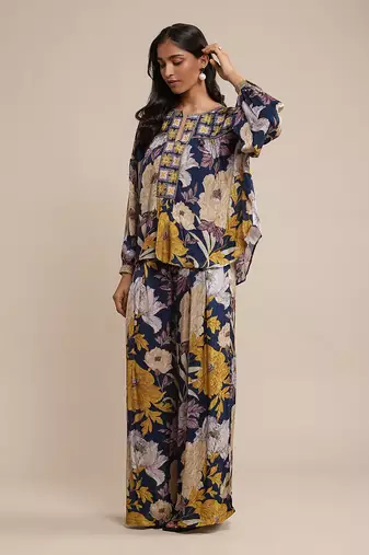 Blue printed kurta plazzo set by RITU KUMAR