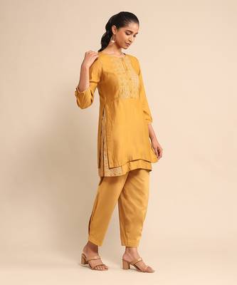 Yellow embroidered kurta pant set 3