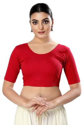 Malshi Cotton Lycra Round Neck Elbow Sleeves Non - Padded Saree Blouse (RED) 1