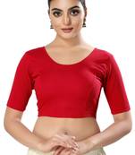 Malshi Cotton Lycra Round Neck Elbow Sleeves Non - Padded Saree Blouse (RED)