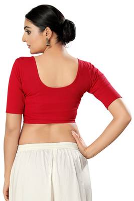 Malshi Cotton Lycra Round Neck Elbow Sleeves Non - Padded Saree Blouse (RED) 2