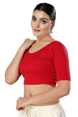 Malshi Cotton Lycra Round Neck Elbow Sleeves Non - Padded Saree Blouse (RED) 3