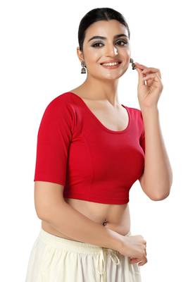 Malshi Cotton Lycra Round Neck Elbow Sleeves Non - Padded Saree Blouse (RED) 4
