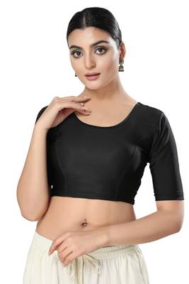 Malshi Shimmer Round Neck Elbow Sleeves Non - Padded Saree Blouse (BLACK) 1