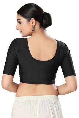 Malshi Shimmer Round Neck Elbow Sleeves Non - Padded Saree Blouse (BLACK) 2