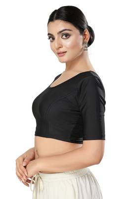 Malshi Shimmer Round Neck Elbow Sleeves Non - Padded Saree Blouse (BLACK) 3