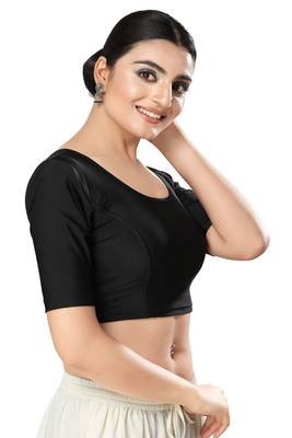 Malshi Shimmer Round Neck Elbow Sleeves Non - Padded Saree Blouse (BLACK) 4